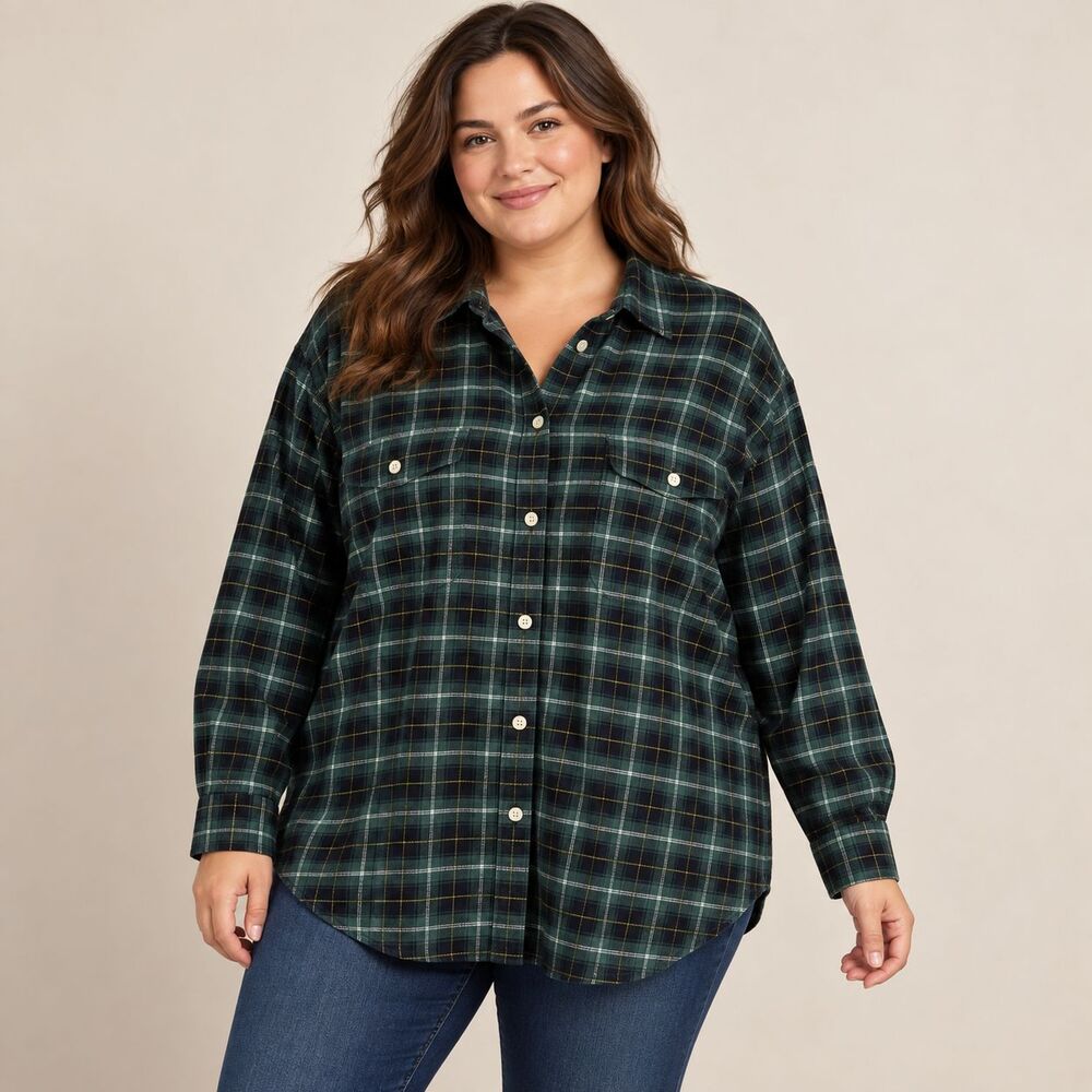 Old Navy Boyfriend Shirt 3X Green Plaid Cotton Flannel Button Up Cabin Pocket